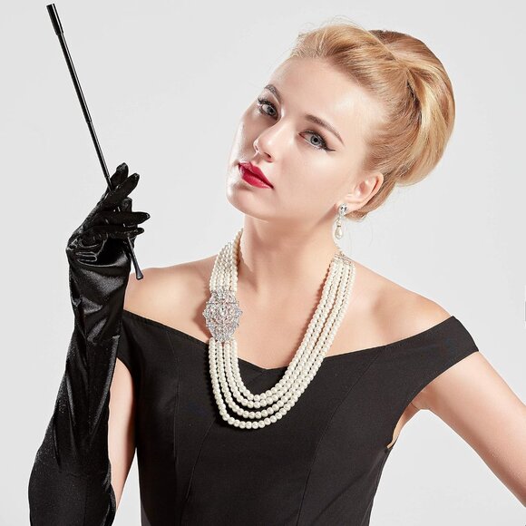 Vintage Pearl Necklace Earrings Jewelry Set Faux Multi-Layer Bridal Accessory - Picture 6 of 9